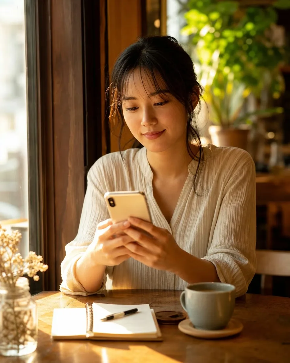 カフェでスマートフォンを確認する候補者